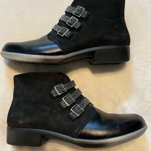 Naot Vardar Black Madras & Velvet Nubuck 3 Strap Silver Stud Embellished Boot